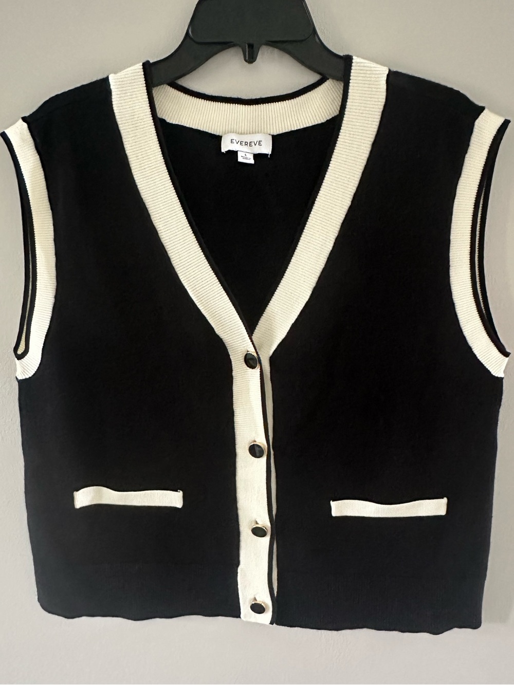EVEREVE Black Ivory Contrast Trim Sweater Vest Cardigan Button Front Size Large